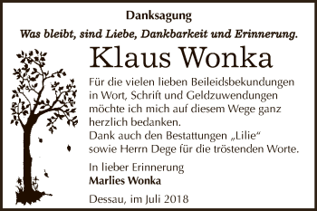 Traueranzeige von Klaus Wonka von WVG - Wochenspiegel Dessau / Köthen