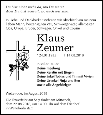 Traueranzeige von Klaus Zeumer von Mitteldeutsche Zeitung
