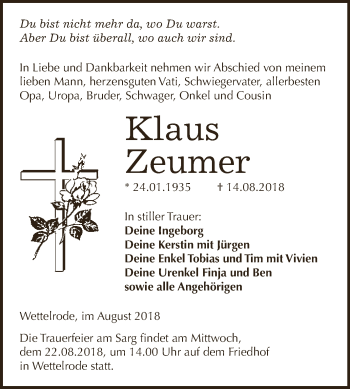 Traueranzeige von Klaus Zeumer von Super Sonntag SGH Mansf. Land