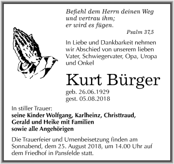 Traueranzeige von Kurt Bürger von Mitteldeutsche Zeitung Quedlinburg