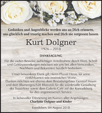 Traueranzeige von Kurt Dolgner von Mitteldeutsche Zeitung Quedlinburg