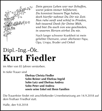 Traueranzeige von Kurt Fiedler von Mitteldeutsche Zeitung Halle/Saalkreis