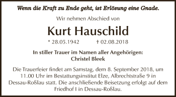 Traueranzeige von Kurt Hauschild von WVG - Wochenspiegel Dessau / Köthen