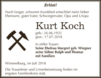 Traueranzeige von Kurt Koch von Wochenspiegel Mansfelder Land