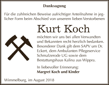 Traueranzeige von Kurt Koch von Wochenspiegel Mansfelder Land