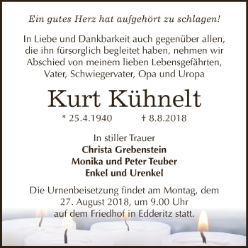 Traueranzeige von Kurt Kühnelt von WVG - Wochenspiegel Dessau / Köthen