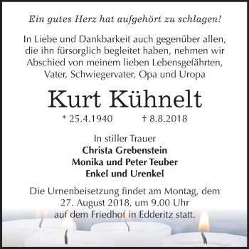 Traueranzeige von Kurt Kühnelt von Mitteldeutsche Zeitung Köthen