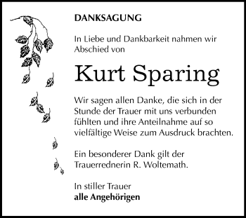 Traueranzeige von Kurt Sparing von Mitteldeutsche Zeitung Bernburg