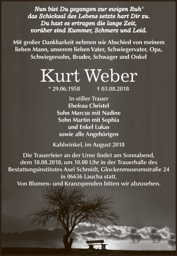 Traueranzeige von Kurt Weber von WVG - Wochenspiegel NMB / WSF / ZTZ