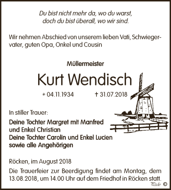 Traueranzeige von Kurt Wendisch von WVG - Wochenspiegel NMB / WSF / ZTZ