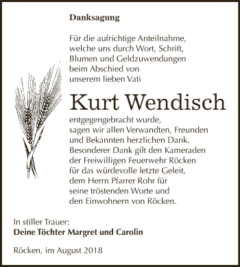 Traueranzeige von Kurt Wendisch von WVG - Wochenspiegel NMB / WSF / ZTZ