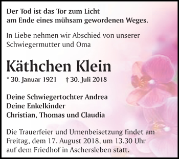 Traueranzeige von Käthchen Klein von Mitteldeutsche Zeitung Aschersleben