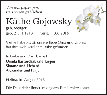 Traueranzeige von Käthe Gojowsky von Mitteldeutsche Zeitung