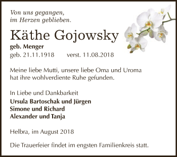 Traueranzeige von Käthe Gojowsky von Wochenspiegel Mansfelder Land