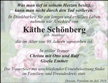 Traueranzeige von Käthe Schönberg von Mitteldeutsche Zeitung Dessau-Roßlau