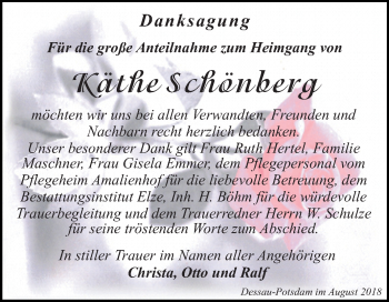 Traueranzeige von Käthe Schönberg von Mitteldeutsche Zeitung Dessau-Roßlau