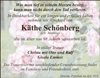 Traueranzeige von Käthe Schönberg von WVG - Wochenspiegel Dessau / Köthen