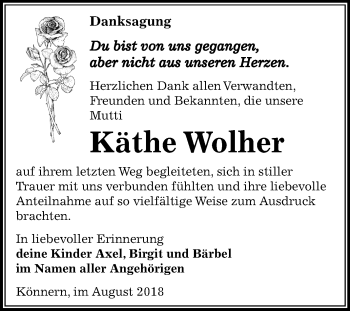 Traueranzeige von Käthe Wolher von Mitteldeutsche Zeitung Bernburg