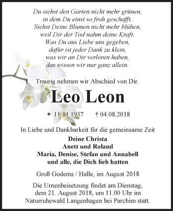 Traueranzeige von Leo Leon von Mitteldeutsche Zeitung Halle/Saalkreis