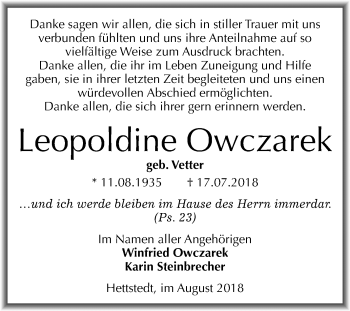 Traueranzeige von Leopoldine Owczarek von Mitteldeutsche Zeitung
