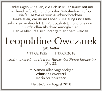 Traueranzeige von Leopoldine Owczarek von Super Sonntag SGH Mansf. Land