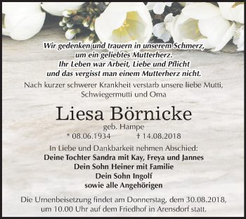 Traueranzeige von Liesa Börnicke von Mitteldeutsche Zeitung Köthen