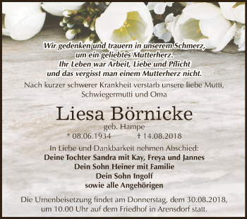 Traueranzeige von Liesa Börnicke von WVG - Wochenspiegel Dessau / Köthen