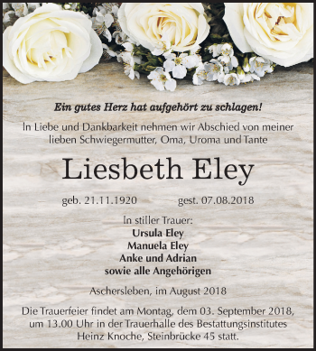 Traueranzeige von Liesbeth Eley von Mitteldeutsche Zeitung Aschersleben