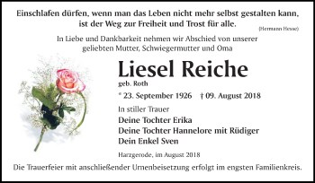 Traueranzeige von Liesel Reiche von Mitteldeutsche Zeitung Quedlinburg