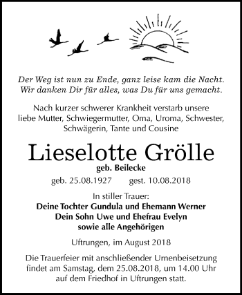 Traueranzeige von Lieselotte Grölle von Mitteldeutsche Zeitung Sangerhausen