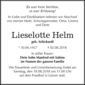 Traueranzeige von Lieselotte Helm von Mitteldeutsche Zeitung Weißenfels