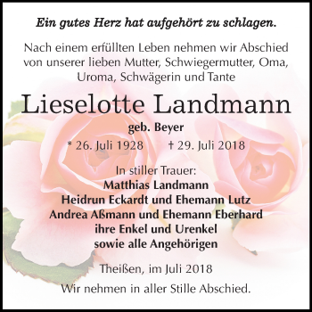 Traueranzeige von Lieselotte Landmann von Mitteldeutsche Zeitung