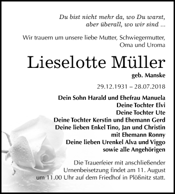 Traueranzeige von Lieselotte Müller von Mitteldeutsche Zeitung Halle/Saalkreis