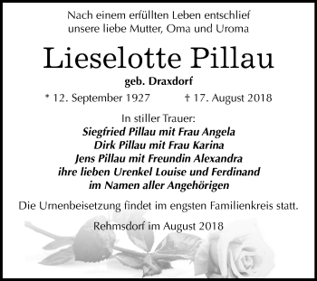 Traueranzeige von Lieselotte Pillau von Mitteldeutsche Zeitung Zeitz