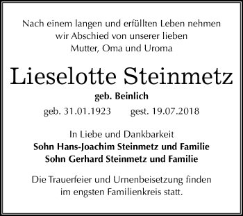 Traueranzeige von Lieselotte Steinmetz von Mitteldeutsche Zeitung Bitterfeld