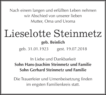 Traueranzeige von Lieselotte Steinmetz von WVG - Wochenspiegel Bitterfeld