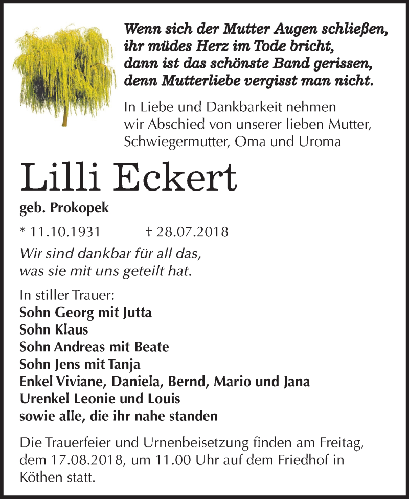  Traueranzeige für Lilli Eckert vom 04.08.2018 aus Mitteldeutsche Zeitung