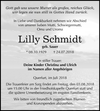 Traueranzeige von Lilly Schmidt von Mitteldeutsche Zeitung Merseburg/Querfurt