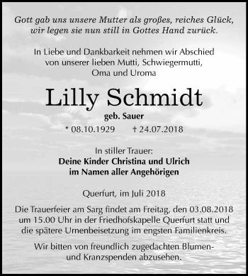 Traueranzeige von Lilly Schmidt von WVG - Wochenspiegel Merseburg