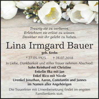 Traueranzeige von Lina Irmgard Bauer von Mitteldeutsche Zeitung Bitterfeld