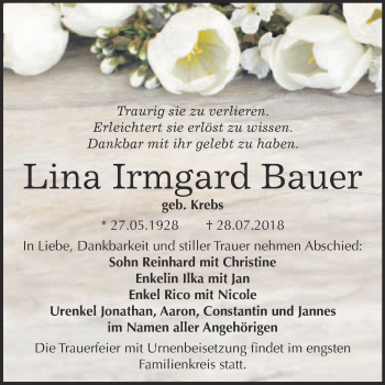 Traueranzeige von Lina Irmgard Bauer von WVG - Wochenspiegel Bitterfeld