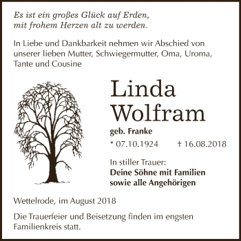 Traueranzeige von Linda Wolfram von Super Sonntag SGH Mansf. Land