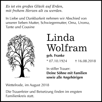 Traueranzeige von Linda Wolfram von Mitteldeutsche Zeitung Sangerhausen
