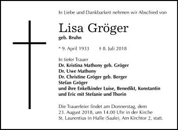 Traueranzeige von Lisa Gröger von Mitteldeutsche Zeitung Halle/Saalkreis