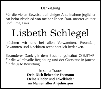Traueranzeige von Lisbeth Schlegel von Mitteldeutsche Zeitung Weißenfels