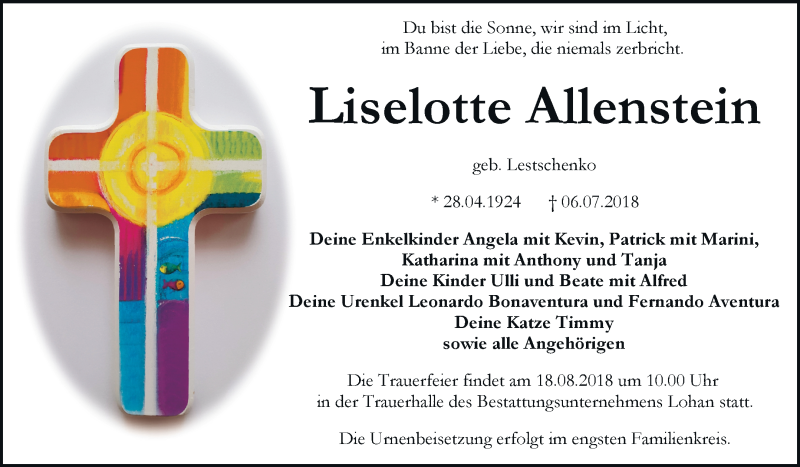  Traueranzeige für Liselotte Allenstein vom 04.08.2018 aus Mitteldeutsche Zeitung Bitterfeld