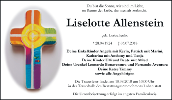 Traueranzeige von Liselotte Allenstein von Mitteldeutsche Zeitung Bitterfeld