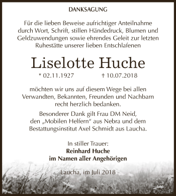 Traueranzeige von Liselotte Huche von WVG - Wochenspiegel NMB / WSF / ZTZ