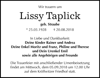 Traueranzeige von Lissy Taplick von Mitteldeutsche Zeitung Halle/Saalkreis