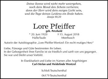 Traueranzeige von Lore Pfeiffer von Mitteldeutsche Zeitung Halle/Saalkreis